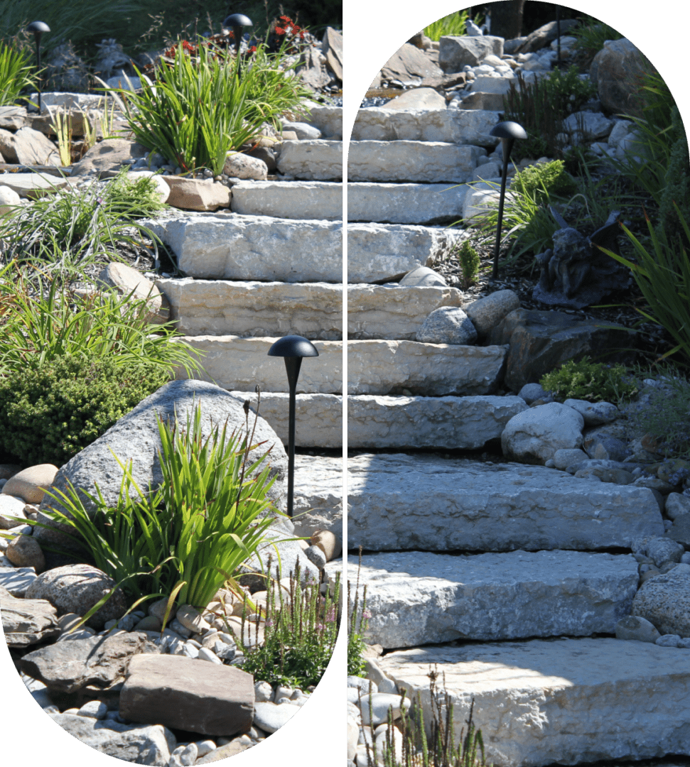 Mask group-1 Stone steps surrounded by greenery and small rocks, crafted with the expertise of a full-service landscaper, are divided by a vertical green line.