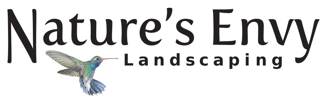 Logo of "Nature's Envy Landscaping" featuring a flying hummingbird next to the text.