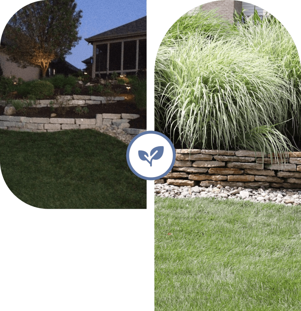 h1 1 A split image showcases the artistry of a local landscaping company: one side reveals a dimly lit garden at night, while the other captures the vibrant daytime scene with a stone border and swaying tall grasses.